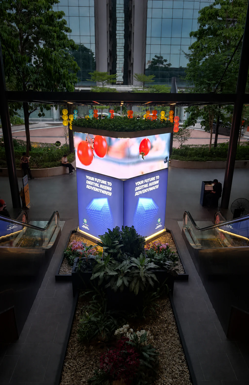 Indoor digital cube carrying an advertising campaign